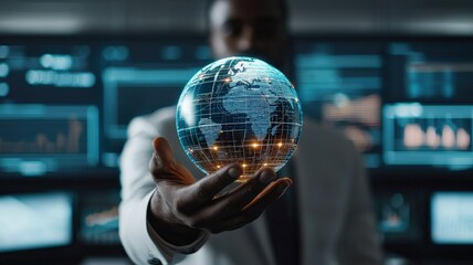 A professional holding a glowing globe, symbolizing global connectivity and technology, against a backdrop of data displays.
