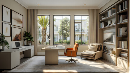 Open and airy home office with a bright desk, decorative shelves, soft textures, modern style, sophisticated setting, high resolution