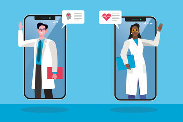  Online medical consultation with doctors through a mobile application. Concept of health. vector illustration