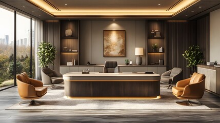 Corporate office featuring a sleek meeting desk, refined decor, neutral color tones, warm light, sophisticated look, high resolution