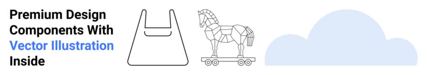 Trojan horse on wheels, plastic bag outline, and cloud shape representing internet, surveillance, sustainability. Ideal for cybersecurity, recycling, cloud computing, e-commerce awareness campaigns