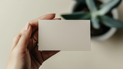 Obraz premium A hand holds a blank card in front of a succulent plant, emphasizing a minimalist design and natural elements.