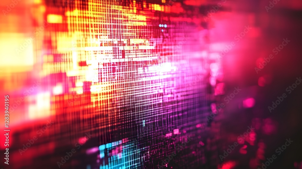 Poster Mesmerizing abstract digital background featuring a dynamic grid of interlocking lines and patterns in vibrant neon hues creating a futuristic cyberpunk inspired visual experience  The intricate
