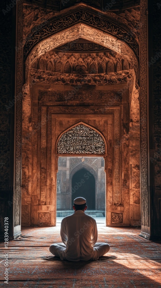 Poster A devoted Muslim man sits quietly in a beautifully adorned mosque, lost in profound thought. The soft light filters through elaborate archways, creating a tranquil atmosphere