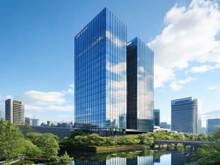 Modern office towers reflected in tranquil water urban landscape architectural photography daytime serene concept