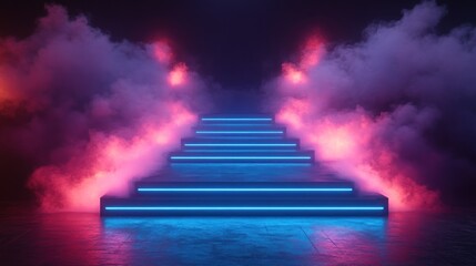 Neon-lit stairs ascending through a smoky, dark environment.