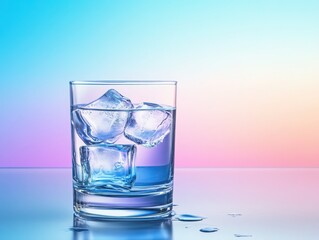 Refreshing iced drink in a clear glass, featuring frozen cubes enhancing coolness against a vibrant gradient background.
