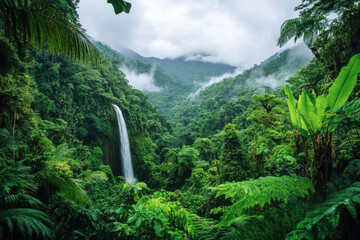 A lush rainforest with a waterfall in the distance