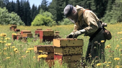 Beekeeper harvesting honey scenic meadow outdoor activity abundant nature close-up view environmental awareness