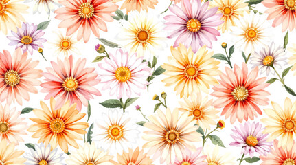Watercolor flowers seamless pattern transparent background