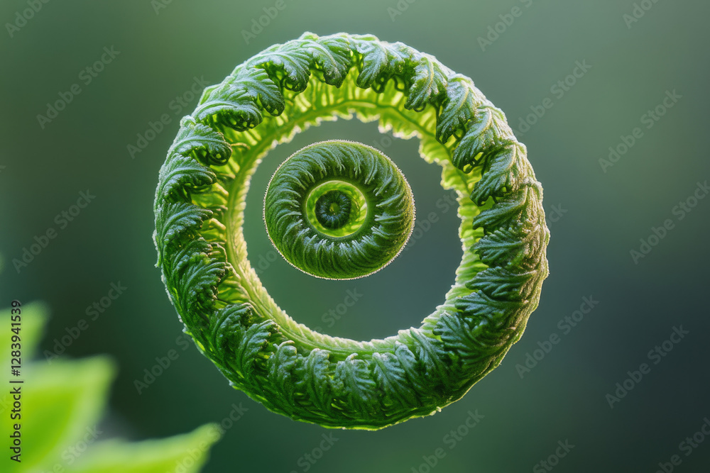 Poster a vibrant fern unfurling, showcasing intricate spirals and delicate fronds in a mesmerizing natural 