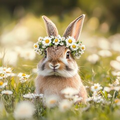 Adorable Rabbit with Floral Crown in a Meadow of Daisies