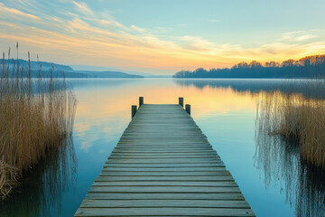 Fototapeta premium Serene sunrise over a calm lake, wooden pier extending into tranquil water.
