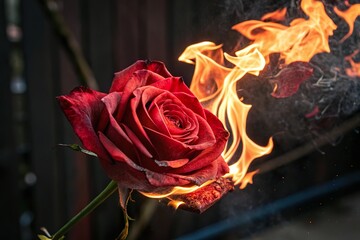Red rose burning with flame. Love and passion concept