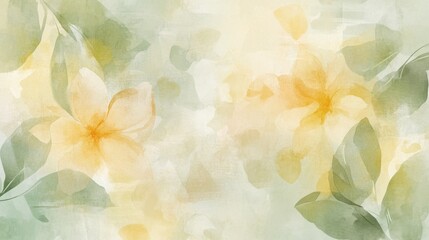 An abstract art background with soft watercolor flowers and gentle strokes of pale green and yellow leaves, blending into a harmonious, earthy palette.