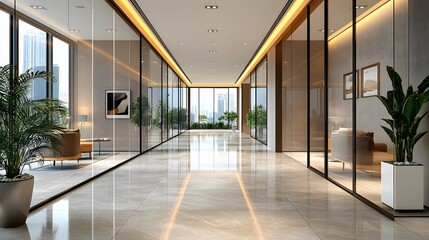 Fototapeta premium Corporate office hallway with high ceilings, glass partitions, neutral tones, elegant furniture, sleek contemporary aesthetic, high resolution