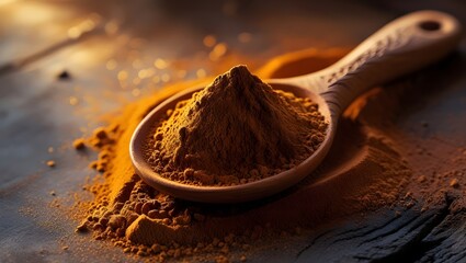 Overflowing Ground Cinnamon in a Worn Wooden Spoon, Surrounded by a Textured Surface, Creating a Rustic, Cozy, and Inviting Kitchen Scene