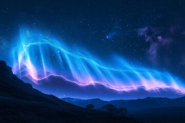 Naklejka premium Aurora Borealis Illuminates Starry Night Sky Over Silhouetted Mountains and Forest in Blue and Purple Hues