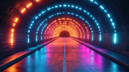 Neon-lit tunnel with vibrant orange and blue lights.