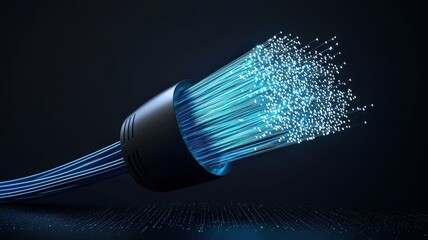 A digital illustration of a vibrant blue cable emitting sparkling particles against a dark background, symbolizing technology and connection.