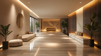 Grand corporate entrance with wide hallways, polished wood floors, modern lighting, elegant seating arrangements, high resolution