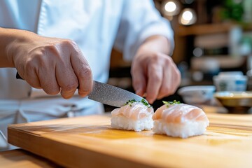 A sushi chef demonstrates his technique as he prepares fresh sushi, highlighting the delicate balance of flavors and the artful presentation involved in this cuisine.