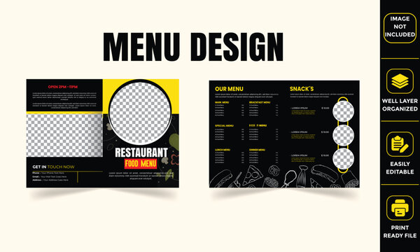 Modern restaurant menu design template with a black and yellow theme, featuring food categories, pricing, and images. Ideal for cafes and eateries.   - Powered by Adobe