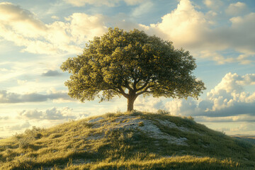 Fototapeta premium A lone, majestic tree stands atop a grassy hill under a vibrant, cloudy sky.