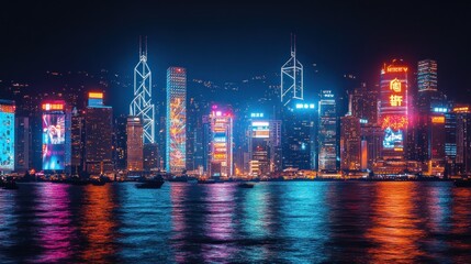 Fototapeta premium Hong Kong skyline at night, vibrant city lights reflected on water, illuminated buildings