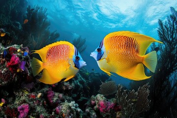 Fototapeta premium Two fish facing each other on coral reef