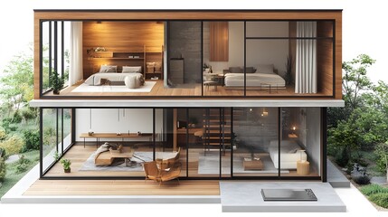 Cozy small loft-style house with an open layout, wood and glass materials, isometric rendering, white background, high resolution