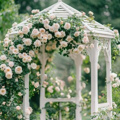 Charming Garden Gazebo Adorned with Delicate Pink Roses in Bloom