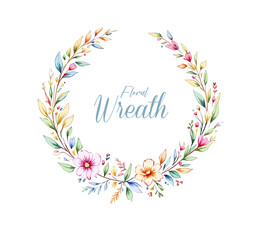 Hand drawn watercolor wildflowers round frame illustration. Cute floral wreath with buds and leaves