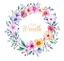 Hand drawn watercolor wildflowers round frame illustration. Cute floral wreath with buds and leaves