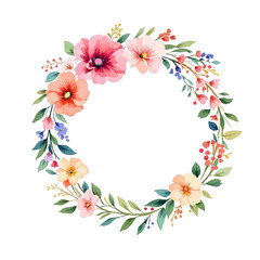 Hand drawn watercolor wildflowers round frame illustration. Cute floral wreath with buds and leaves
