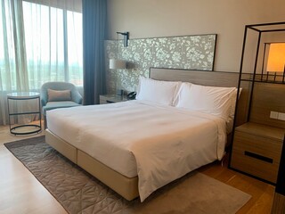 luxury modern style bedroom with big glass window with curtain