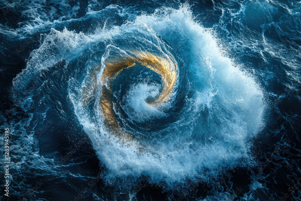 Poster a swirling vortex of ocean water, illuminated by golden light, creating a mesmerizing spectacle of n