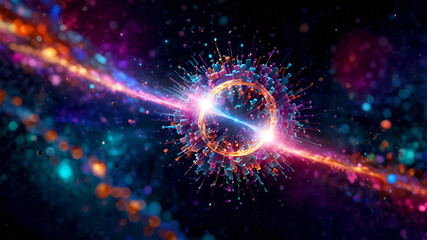 Obraz premium Atom illustration. Macro view of an atom with glowing energy effects. Dynamic light trails and vibrant colors create a futuristic and scientific aesthetic.