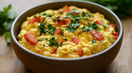 A Bowl of Menemen, a Turkish Scrambled Egg Dish with Tomatoes, Peppers, and Olive Oil, Garnished with Parsley