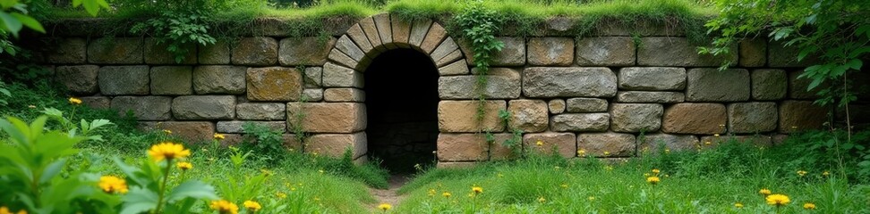 Ancient stone wall crumbling in the wilderness, overgrown, wall