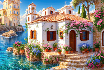 Beautiful house surrounded by flowers, mediterranean architecture style landscape, oil painting on canvas.