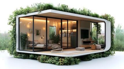 Minimal loft-style tiny house with eco-friendly materials, natural lighting, sleek design, isometric 3D render, white background, high resolution