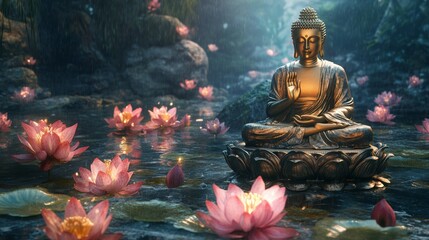 Shakyamuni Buddha Seated in Deep Meditation, Glowing with Divine Energy, Surrounded by Blooming Lotus Flowers