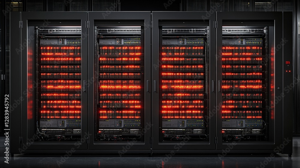 Poster close-up view of a server rack filled with multiple servers and network equipment in a data center