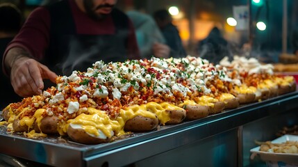 Preparing Baked Potatoes with Various Toppings at Food Stall