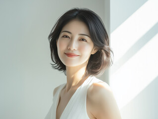 上品な雰囲気の白いワンピースを着た40代女性のポートレート