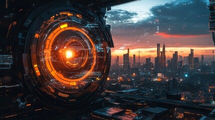 Futuristic technological portal overlooks a modern cityscape at sunset