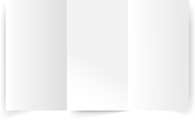 Vector white blank three rectangular panel accordion fold opened on white background. Concertina fold, leaflet, brochure, booklet, flyer or invitation card mockup. Vector design element. EPS10.	