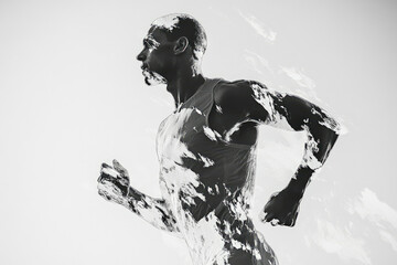 A stylized black and white image of a muscular athlete running, conveying speed and determination.