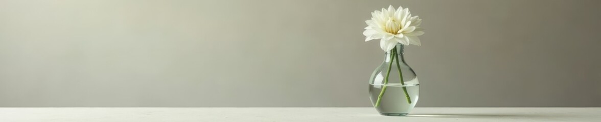 A small white flower in a tiny vase sits atop a large glass vase, glass, flowerpot